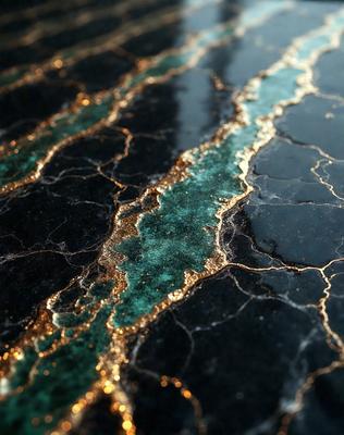 The primary subject of the image is a close-up of a marble table with a green and gold pattern. The setting is a black table, and the visual style appears to be a photo. The dominant colors are green and gold, creating a warm and luxurious atmosphere.