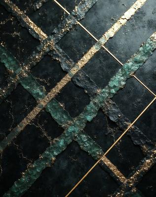 The primary subject of the image is a black and gold patterned surface, which appears to be a tile or a piece of artwork. The setting is a dark room, and the visual style is a close-up of the pattern. The dominant colors are black and gold, creating a rich and luxurious atmosphere.