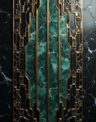 The primary subject of the image is a decorative green marble door with gold accents. The setting is a black marble background, which adds a contrasting element to the scene. The visual style is a combination of photo and digital art, creating a unique and intricate design. The dominant colors are green and gold, giving the door a luxurious and elegant appearance.