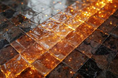 The primary subject of the image is a marble floor with a pattern of yellow and orange lights. The setting is a room with a tiled floor, and the visual style is a combination of a photo and digital art. The colors and mood of the image are vibrant and lively, with the yellow and orange lights creating a warm and inviting atmosphere.