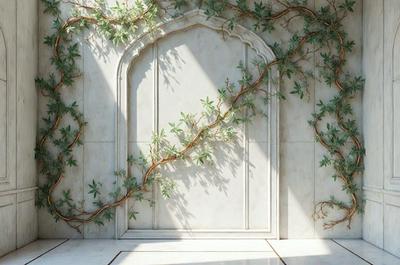 The primary subject of the image is a doorway with a vine-covered archway. The doorway is set against a white wall, which serves as the background. The visual style of the image is a photo, capturing the details of the doorway and the vines. The colors and mood of the image are predominantly white, giving it a clean and serene atmosphere.