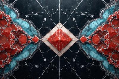 The primary subject of the image is a red and blue square, which is the main object, scene, or focus of the image. The setting is a black background, and the visual style appears to be a digital art or illustration. The dominant colors are red and blue, creating a bold and vibrant atmosphere.