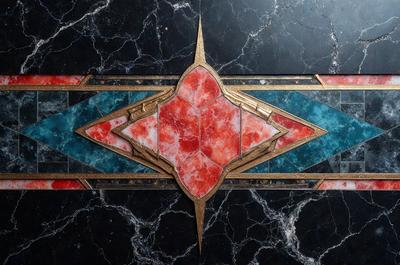 The primary subject of the image is a decorative piece featuring a red and pink design. The setting is a black marble surface, which serves as the background. The visual style appears to be a combination of digital art and illustration, creating a unique and eye-catching design. The dominant colors in the image are red and pink, giving the piece a vibrant and lively appearance.
