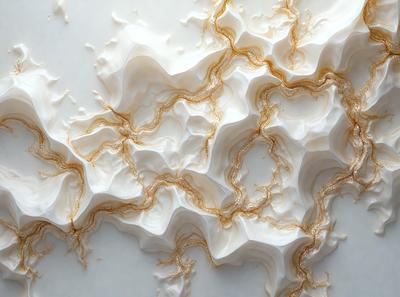 The primary subject of the image is a white marble wall with a gold-colored design. The setting is a room with a white marble surface, and the visual style appears to be a combination of digital art and illustration. The dominant colors are white and gold, creating a luxurious and elegant atmosphere.