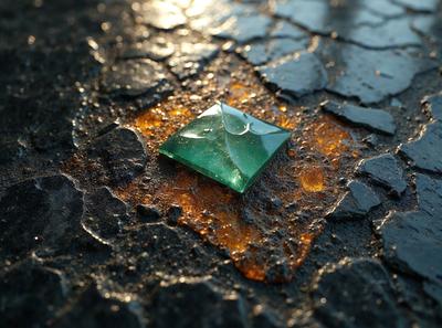 The primary subject of the image is a green square-shaped object, which appears to be a piece of glass or a small green box. The setting is a dirty, cracked surface, possibly a sidewalk or a road. The visual style of the image is a close-up of the green square, with a focus on its details. The colors in the image are predominantly shades of green and brown, creating a somewhat dull and aged atmosphere.