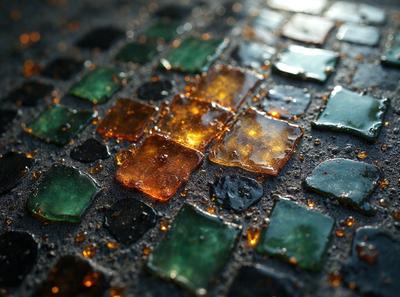 The primary subject of the image is a close-up of a tile floor with a mosaic pattern. The setting is an outdoor area, possibly a sidewalk or a patio. The visual style is a photo, capturing the details of the tile floor. The colors and mood of the image are predominantly green, with a mix of yellow and orange tiles, creating a warm and inviting atmosphere.