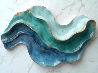 The primary subject of the image is a blue bowl with a wave-like design. The bowl is placed on a white marble countertop, which serves as the setting for the scene. The visual style of the image is a photo, capturing the details of the blue bowl and the marble countertop. The dominant colors in the image are blue and white, creating a calm and serene atmosphere.