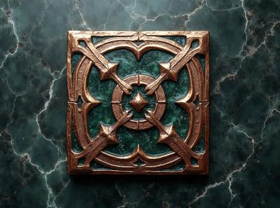 The primary subject of the image is a decorative tile with a green background. The tile features a design that includes a heart shape and a circle, giving it a unique and artistic appearance. The setting is a marble surface, which adds to the overall aesthetic of the scene. The visual style of the image is a close-up, allowing the viewer to appreciate the intricate details of the tile design. The colors and mood of the image are predominantly green, creating a sense of harmony and balance.