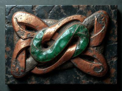 The primary subject of the image is a green and gold snake, which is the main focus of the scene. The snake is depicted in a decorative manner, possibly as a piece of art or a design element. The setting is a stone surface, which provides a contrasting backdrop to the snake. The visual style of the image is a combination of photo and digital art, creating a unique and intricate design. The colors and mood of the image are vibrant and lively, with the green and gold s
