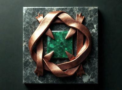 The primary subject of the image is a decorative piece made of copper wire and green glass. The setting is a dark background, which contrasts with the bright green glass and the shiny copper wire. The visual style is a combination of digital art and illustration, as the piece appears to be a digital creation. The colors and mood of the image are predominantly dark and moody, with the green glass and copper wire providing a touch of brightness and contrast.