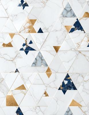 The primary subject of the image is a marble wall with a unique pattern of triangles and diamonds. The setting is a room with a white marble wall, and the visual style appears to be a combination of digital art and illustration. The dominant colors are white and blue, creating a clean and elegant atmosphere.