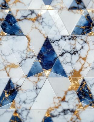 The primary subject of the image is a marble tile with a gold pattern. The setting is a marble wall, and the visual style is a close-up of the tile. The dominant colors are gold and blue, creating a luxurious and elegant atmosphere.