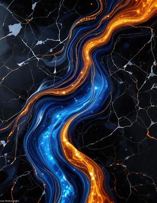 The primary subject of the image is a blue and orange swirling pattern, which appears to be a digital art or illustration. The setting is a black background, and the visual style suggests that it is a digital creation. The dominant colors in the image are blue and orange, creating a vibrant and dynamic atmosphere.