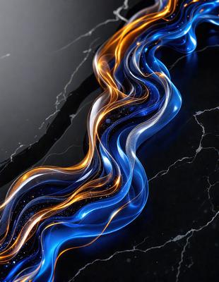 The primary subject of the image is a blue and orange glass sculpture. The setting is a black marble countertop, and the visual style appears to be a digital art or illustration. The colors and mood of the image are predominantly blue and orange, creating a vibrant and dynamic atmosphere.