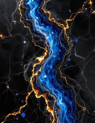 The primary subject of the image is a blue and yellow striped pattern, which appears to be a digital art or illustration. The setting is a black background, and the visual style is a combination of digital art and illustration. The dominant colors in the image are blue and yellow, creating a vibrant and lively atmosphere.