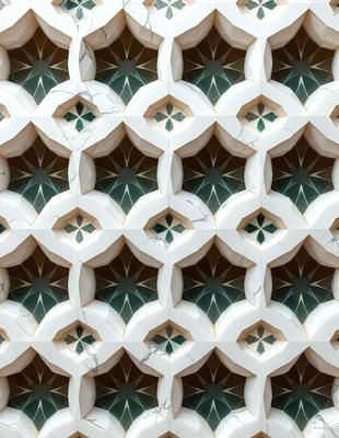 The primary subject of the image is a white and green patterned wall, which is the main focus of the image. The setting is a room with a white and green patterned wall, which serves as the backdrop for the scene. The visual style of the image is a close-up of the wall, showcasing the intricate pattern. The dominant colors in the image are white and green, creating a calm and soothing atmosphere.