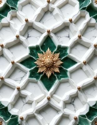 The primary subject of the image is a decorative design featuring a gold leaf and a green flower. The setting is a white marble surface, which serves as the background. The visual style is a combination of digital art and illustration, creating a unique and intricate pattern. The dominant colors are gold and green, giving the design a warm and lively atmosphere.