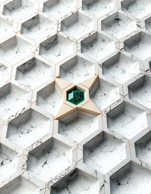 The primary subject of the image is a green star, which is the main object, scene, or focus of the image. The setting/background features a white marble wall, which adds to the visual style of the image. The colors and mood of the image are predominantly white and green, creating a clean and fresh atmosphere.
