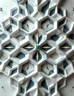 The primary subject of the image is a decorative marble design, featuring a geometric pattern with a central green circle. The setting is a white marble surface, which serves as the background for the intricate pattern. The visual style is a combination of photo and digital art, creating a unique and eye-catching design. The colors and mood of the image are predominantly white and green, giving it a clean and fresh appearance.