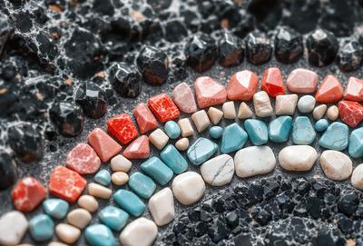 The primary subject of the image is a colorful arrangement of various colored rocks, beads, and crystals. The setting is a black surface, possibly a table or a countertop. The visual style appears to be a combination of a photo and digital art, as the rocks and beads are arranged in a visually appealing manner. The colors and mood of the image are vibrant and lively, with the different colors of the rocks and beads creating a visually striking display.