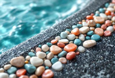 The primary subject of the image is a collection of colorful rocks, including pink, blue, and white, arranged on a black surface. The setting appears to be a pool or a body of water, as the rocks are placed near the water. The visual style of the image is a close-up of the rocks, showcasing their vibrant colors and unique patterns. The overall atmosphere of the image is lively and inviting, with the rocks adding a touch of natural beauty to the scene.