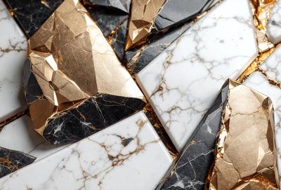 The primary subject of the image is a collection of marble tiles with gold accents. The setting is a black and white background, which contrasts with the gold and marble tiles. The visual style is a combination of photo and digital art, creating a unique and eye-catching design. The colors and mood of the image are predominantly black and white, with the gold accents adding a touch of warmth and sophistication.