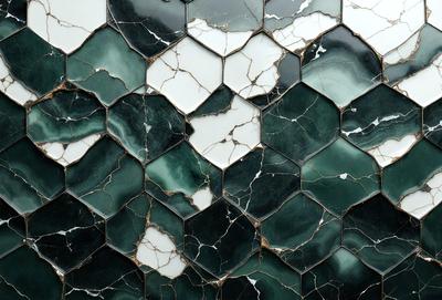 The primary subject of the image is a green and white marble tile with a pattern of hexagons. The setting is a wall, and the visual style is a close-up of the tile. The colors and mood of the image are predominantly green and white, giving it a clean and elegant appearance.