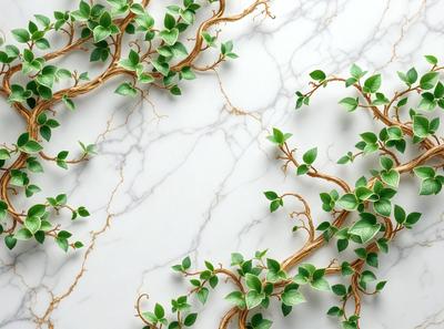 The primary subject of the image is a large, intricate tree branch with green leaves. The setting is a white marble wall, which serves as the background. The visual style is a combination of photo and digital art, creating a realistic yet artistic representation of the tree branch. The colors are predominantly green, with the leaves appearing vibrant and lush. The overall atmosphere is one of natural beauty and elegance.