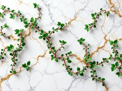 The primary subject of the image is a large green plant with long, thin leaves. The plant is growing on a marble surface, which serves as the setting and background of the image. The visual style of the image is a close-up of the plant, showcasing its intricate details. The dominant colors in the image are green, which is the color of the plant, and white, which is the color of the marble surface. The overall atmosphere of the image is serene and natural, as the plant appears to be th