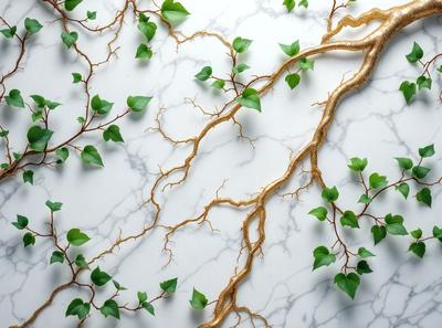 The primary subject of the image is a gold vine with green leaves, which is growing on a marble surface. The setting is a white marble wall, and the visual style is a close-up of the vine. The colors and mood of the image are predominantly gold and green, creating a sense of natural beauty and elegance.