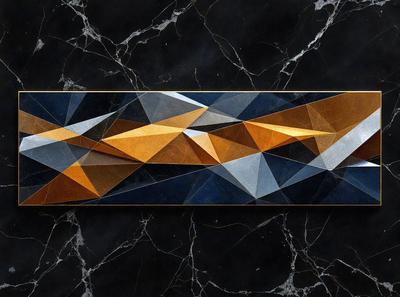 The primary subject of the image is a geometric pattern, which is displayed on a black marble surface. The pattern is made up of triangles and squares, creating a visually striking design. The setting is a black marble countertop, which provides a contrasting background for the pattern. The visual style of the image is a combination of digital art and illustration, as the geometric pattern is created using a digital medium. The colors and mood of the image are predominantly black and white, giving it a modern and sophistic