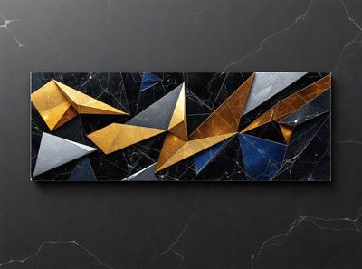 The primary subject of the image is a black and gold geometric pattern. The setting is a black background, which contrasts with the pattern. The visual style is a combination of digital art and illustration, creating a unique and intricate design. The dominant colors are black and gold, giving the pattern a sophisticated and elegant appearance.