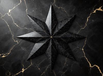 The primary subject of the image is a black and white star, which is the main object, scene, or focus of the image. The setting or background features a black and gold marble surface, which adds to the visual style of the image. The overall atmosphere is dark and moody, with the star being the main point of interest.