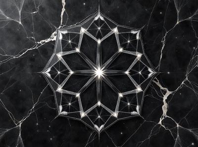 The primary subject of the image is a geometric pattern, which appears to be a black and white design. The pattern is set against a black background, giving it a striking contrast. The visual style of the image suggests that it could be a digital art or illustration, as it has a clean and modern appearance. The dominant colors in the image are black and white, creating a classic and timeless atmosphere.