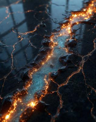 The primary subject of the image is a glowing line or path that appears to be lit up, possibly by a light source or a reflection. The setting is a dark room with a window, and the visual style is a combination of a photo and digital art. The colors and mood of the image are predominantly dark, with the glowing line being the main source of light and interest.
