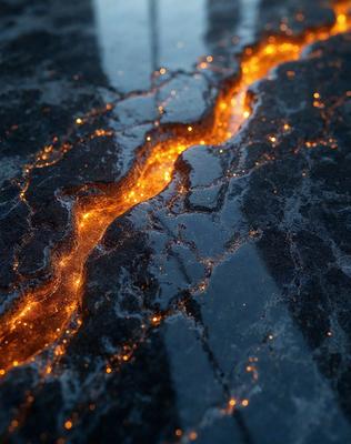 The primary subject of the image is a glowing orange line on a black surface, which appears to be a marble countertop. The setting is a dark room, and the visual style is a close-up of the orange line. The colors and mood of the image are predominantly dark and mysterious, with the orange line providing a striking contrast against the black background.