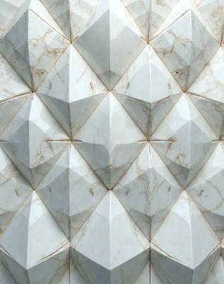 The primary subject of the image is a white marble wall with a pattern of triangles. The setting is a room with a white marble wall, and the visual style is a close-up of the wall. The colors and mood of the image are predominantly white, giving it a clean and elegant appearance.