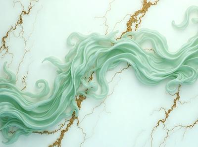 The primary subject of the image is a large, curly, and flowing piece of green glass artwork. The artwork is displayed on a white marble wall, which serves as the setting and background for the scene. The visual style of the image is a combination of digital art and illustration, creating a unique and eye-catching piece. The dominant colors in the image are green and white, giving the artwork a serene and calming atmosphere.
