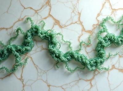 The primary subject of the image is a green yarn or string, which is the main focus of the scene. The setting is a marble surface, which serves as the backdrop for the yarn. The visual style of the image is a close-up of the yarn, showcasing its texture and details. The colors in the image are predominantly green, giving the scene a calm and soothing atmosphere.