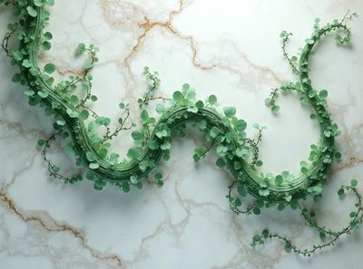 The primary subject of the image is a large, green, leafy plant or vine that is growing on a marble wall. The plant appears to be a creative and artistic representation of a snake or a long, curling plant. The setting is a marble wall, which serves as the backdrop for the plant's growth. The visual style of the image is a combination of photo and digital art, creating a unique and eye-catching display. The colors and mood of the image are predominantly green