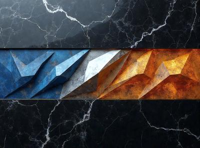 The primary subject of the image is a marble countertop with a blue and orange pattern. The setting is a black background, which contrasts with the marble countertop. The visual style is a combination of photo and digital art, creating a unique and eye-catching design. The dominant colors are blue and orange, which evoke a sense of warmth and energy.