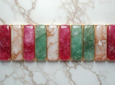 The primary subject of the image is a row of seven different colored marble tiles. These tiles are arranged in a horizontal line, showcasing their unique colors and patterns. The setting is a marble countertop, which serves as the backdrop for the tiles. The visual style of the image is a close-up of the tiles, highlighting their intricate details and textures. The colors and mood of the image are vibrant and lively, with each tile displaying a distinct hue that adds visual