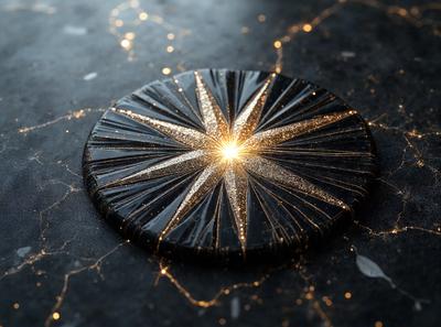 The primary subject of the image is a decorative piece featuring a star design. The setting is a dark surface, possibly a table or countertop, with a patterned background. The visual style appears to be a combination of photo and digital art, creating a unique and eye-catching design. The colors and mood of the image are predominantly dark, with the star design and patterned background providing a contrasting and visually appealing focal point.