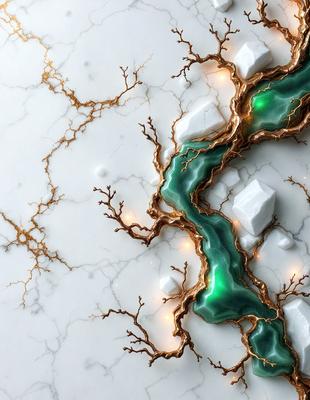 The primary subject of the image is a marble surface with a gold-like texture. The setting is a white marble countertop, and the visual style is a combination of digital art and illustration. The colors and mood of the image are predominantly gold and white, creating a sense of elegance and sophistication.