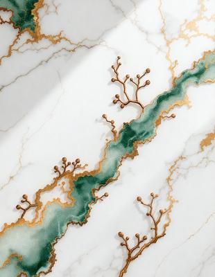 The primary subject of the image is a marble wall with a design of trees. The setting is a white marble wall, and the visual style is a combination of photo and digital art. The colors and mood of the image are predominantly white and gold, giving it a luxurious and elegant appearance.