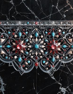 The primary subject of the image is a decorative piece featuring a flower design with red, blue, and green colors. The setting is a black marble surface, which adds a contrasting background to the piece. The visual style appears to be a combination of digital art and illustration, creating a unique and intricate design. The colors and mood of the image are vibrant and lively, with the red, blue, and green hues creating a sense of warmth and energy.