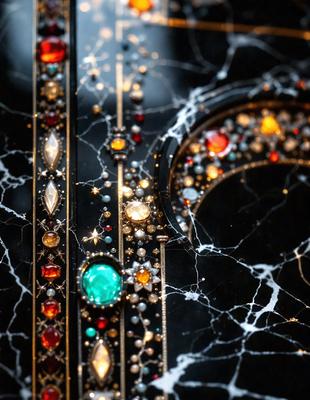 The primary subject of the image is a decorative piece featuring a combination of jewels, beads, and gemstones. The setting is a black background, which contrasts with the vibrant colors of the jewels and beads. The visual style appears to be a mix of digital art and illustration, creating a unique and eye-catching design. The overall atmosphere is one of luxury and elegance, with the use of precious stones and intricate patterns.