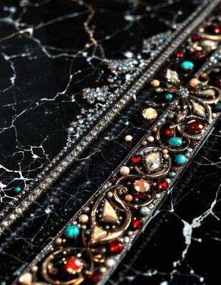 The primary subject of the image is a decorative piece featuring a black background with a gold and red border. The piece is adorned with a variety of jewels, including a large red jewel in the center. The setting appears to be a black table, and the visual style is a combination of digital art and illustration. The colors and mood of the image are predominantly dark, with the gold and red jewels adding a touch of vibrancy to the overall atmosphere.