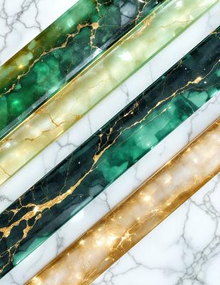 The primary subject of the image is a row of three different colored marble strips, which are arranged on a white marble surface. The setting is a white marble countertop, and the visual style is a close-up of the marble strips. The colors and mood of the image are predominantly white and neutral, with the marble strips adding a touch of color and texture to the scene.