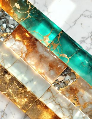 The primary subject of the image is a marble table with a gold and blue pattern. The setting is a white marble countertop, and the visual style is a combination of photo and digital art. The dominant colors are gold, blue, and white, creating a luxurious and elegant atmosphere.